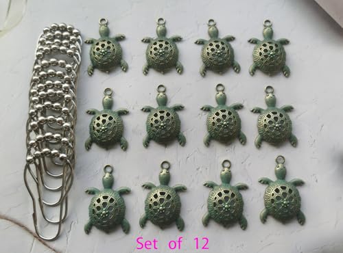 Decorative Green Sea Turtle Shower Curtain Hooks - Silver Rings