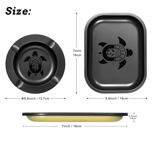 Metal Rolling Tray Set with Magnetic Lid and Ashtray, Funny Turtle Design