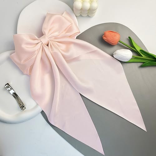 Large Satin Hair Bow Clip Long Tail Champagne Pink French Barrettes