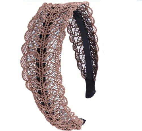 Cauaoa Coffee Lace Leaf Wide Headband Non-Slip Elastic Hair Hoop