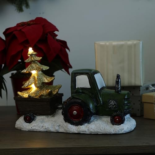 Alpine Corporation Holiday Green Tractor Pulling Tree Statue with LED Lights