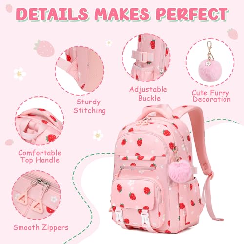 ASKSKY Girls School Backpack - Pink Strawberry Kawaii Bookbag for Teens