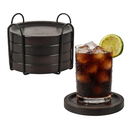 Rubberwood Coasters Set of 4 with Holder - Minimalist Table Decor