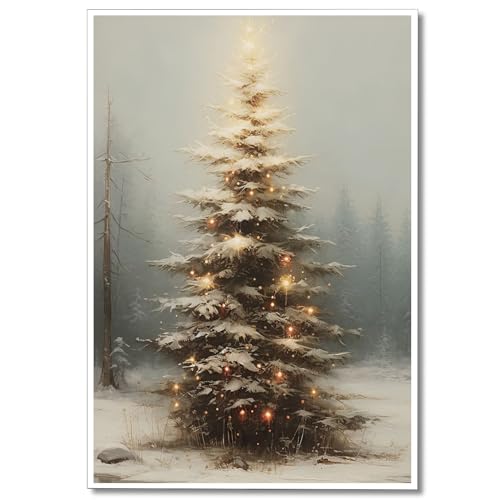 Christmas Tree Canvas Wall Art - Vintage Winter Scene, 24x36 Inches, Unframed
