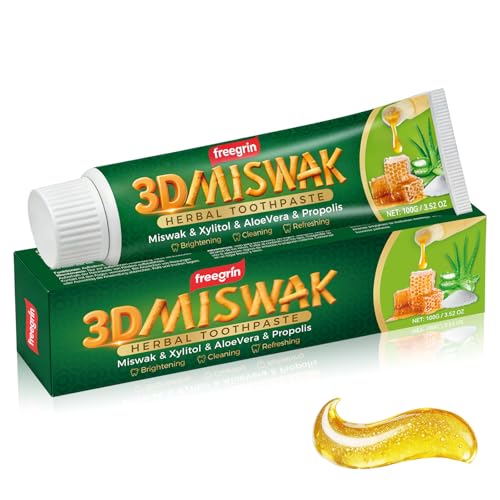 FREEGRIN Organic Miswak Herbal Toothpaste - Fluoride Free with Aloe Vera & Propolis 3.52 oz