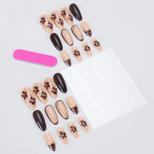 Brown French Tip Press on Nails Medium Almond False Nails with Flower Designs