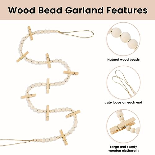 Hanging Photo Display Boho Wood Bead Garland Wall Decor - Nature / 1