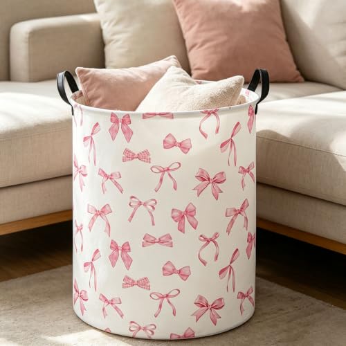 Collapsible Waterproof Laundry Basket - 19.7" Hamper with Handles (Pink Bowknot)