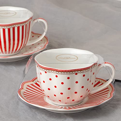 Red Dot Stripes Scallop 9-Ounce Porcelain Tea/Coffee Cup & Saucer Set - Gold Trim, Set of 2