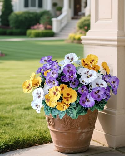 Artificial Pansy Flowers - UV Resistant Silk Faux Bouquets (6 Bundles)