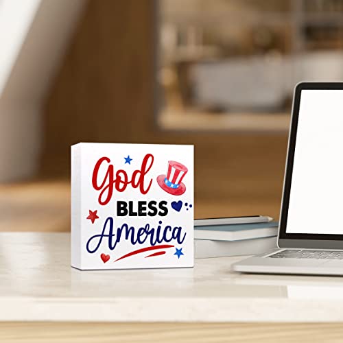 God Bless America Patriotic Wooden Block Sign 4th of July Desk Decor