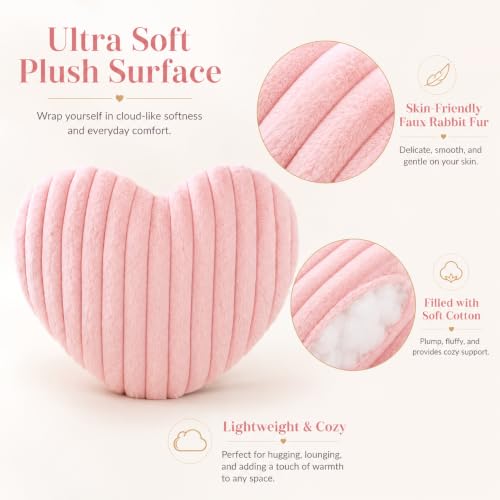 Pink Heart Pillow 15.7" x 11.8" - Soft Faux Rabbit Fur Cushion for Home Decor