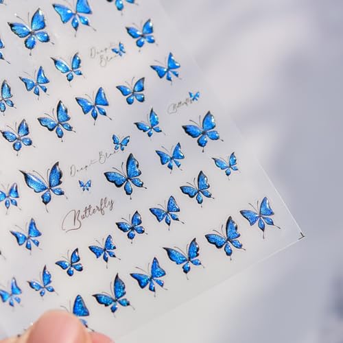 LIFOOST 5D Embossed Blue Butterfly Nail Stickers Glitter Decals DIY Manicure