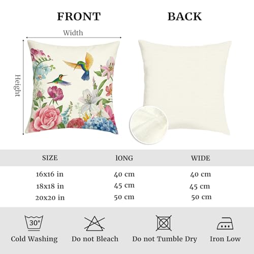 Floral Hummingbird Throw Pillow Covers 18x18 - Set of 4