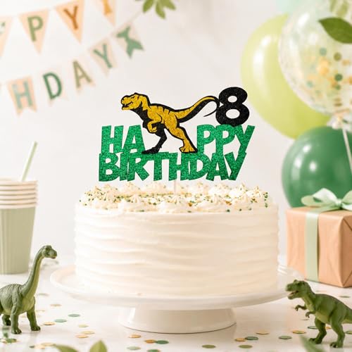 Dinosaur 8th Birthday Cake Topper - Glitter T-Rex Decoration