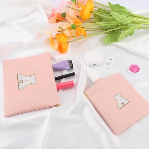 Tiltol Personalized Small Makeup Bag for Purse, Pink Letter A Pouch Set of 2