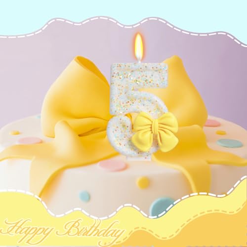 Number 5 Birthday Candle with Yellow Bow - Eco-Friendly Cake Topper
