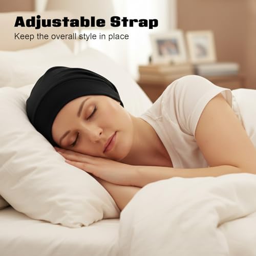 Black Satin Lined Hair Bonnet for Sleeping with Adjustable Strap