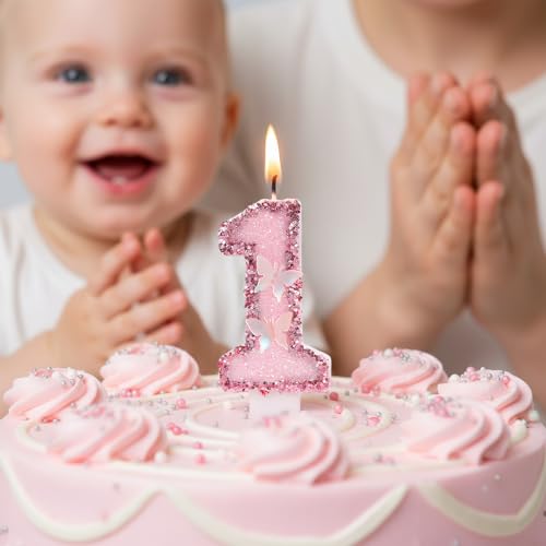 LASILE Pink Butterfly Number 1 Birthday Candle with Glitter Sequins, Cake Topper & Cupcake Decoration