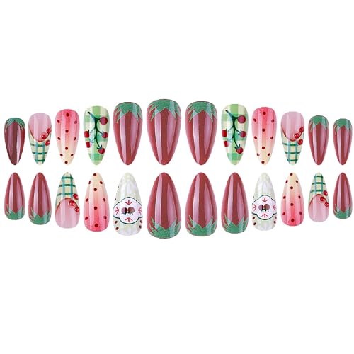 Press On Nails Medium Almond Fruit Theme Reusable Acrylic Fake Nails