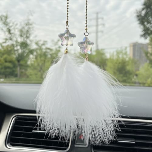 Fuzzy Feather & Star Car Rearview Mirror Hanging Ornament - White