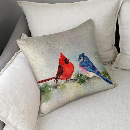 Linen Cardinal & Blue Jay 18x18 Pillow Covers - Farmhouse Decor
