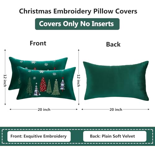 Christmas Pillow Covers 12x20 Set of 2 - Green Xmas Tree Decorative Cushion Cases