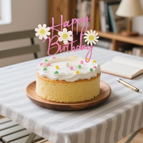 Pink Glitter Daisy Birthday Cake Topper - Happy Birthday Decoration