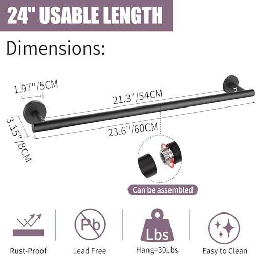 24" Brushed Nickel Towel Bar - Wall Mounted Stainless Steel Rack