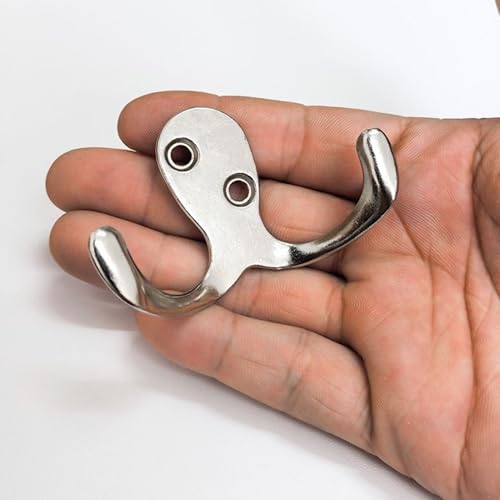 Wacnune Silver Large Heavy-Duty Double Coat Hooks Wall Mount with Screws, 4-Pack