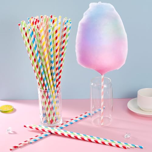 100 Pcs Colorful Cotton Candy Sticks - 13.8 Inch Paper Straws for Parties
