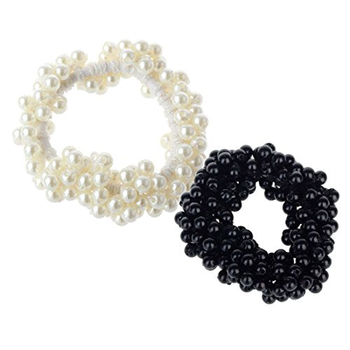 AKOAK Imitation Pearl Hair Scrunchies Ponytail Holders White Black 2 Pack