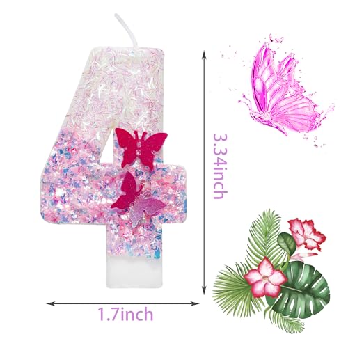 Rose Butterfly Number 4 Birthday Candle - Pink Cake Decoration