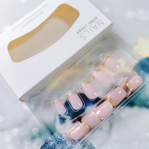 Short Square Press on Nails Gold French Tip Fake Acrylic Nails 24Pcs