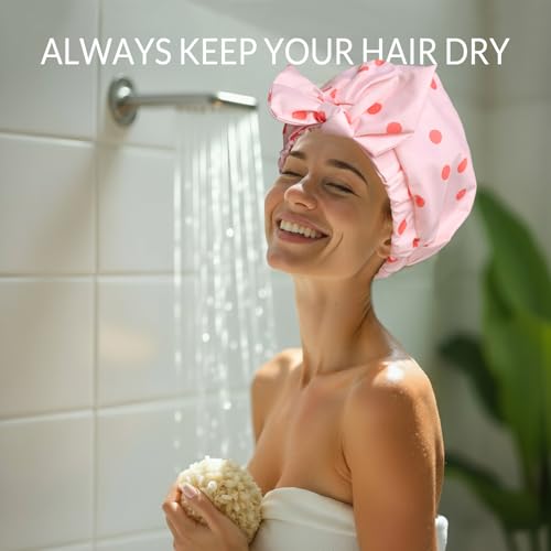 RosyReeds Reusable Shower Cap for Women - Waterproof Large Bath Cap with Bow