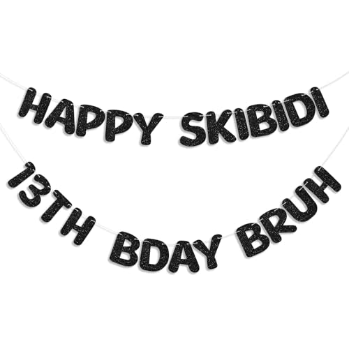 Happy Skibidi 13th Birthday Banner | Pre-Strung Black Glitter Sign