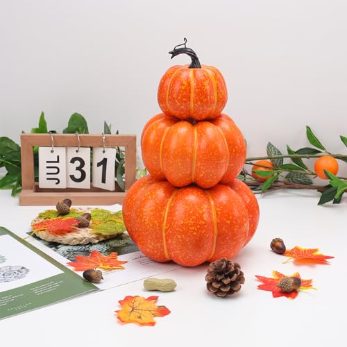 Artificial Orange Pumpkin Tower - Autumn Fall Decor, 11.4 Inch, Variation A