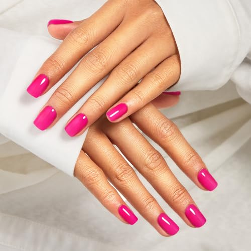 Short Square Hot Pink Press On Nails Kit - 34 Pcs Acrylic False Nails