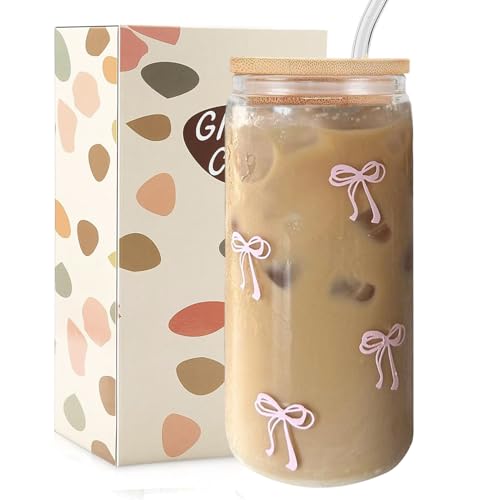 Mikopei Pink Bow Glass Cup with Lid & Straw - 16 oz Iced Coffee Tumbler