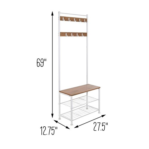 Honey-Can-Do Entryway Hall Tree with Bench and Shoe Storage, White/Walnut SHF-09603 White, 300 lbs