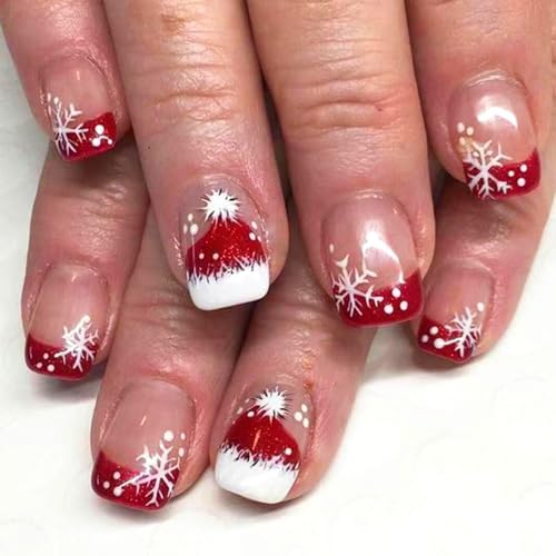 Christmas French Tip Press on Nails Short Square False Nails Red White