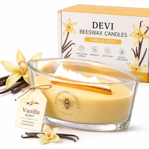 Vanilla Beeswax Scented Candle in Glass Jar - Long Burn Time, 14oz - Variation of Vanilla / 1
