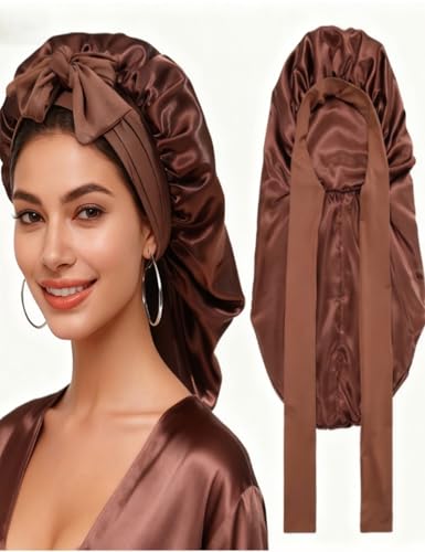 Large Long Satin Bonnet for Women - Stretchy Tie Band Sleep Cap