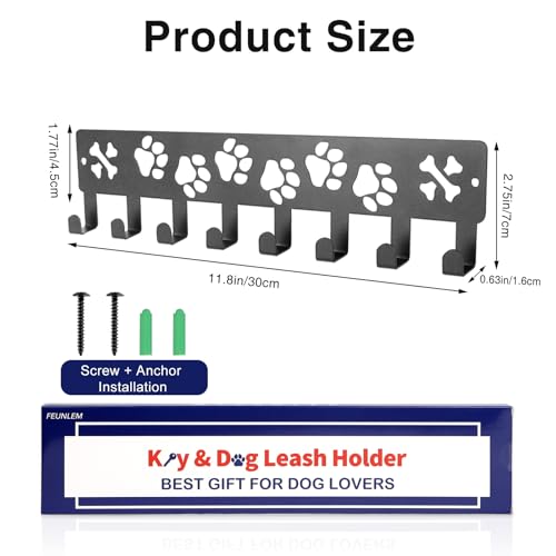 FEUNLEM Dog Paw Wall Key Holder & Leash Rack - 8-Hook Black Metal Organizer