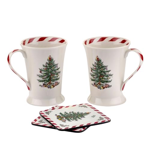 Spode Christmas Tree Mug & Coaster Set with Peppermint Design - 4 Pieces