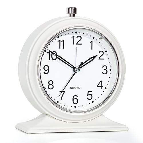AYRELY 5.5" Vintage Metal Alarm Clock - Silent Retro Desk Clock in White