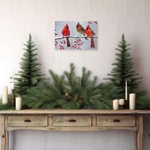 Christmas Cardinal Canvas Wall Art - Red Bird Winter Scene, 16x24 Inches, White Frame