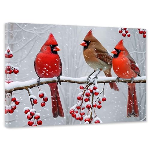 Christmas Cardinal Canvas Wall Art - Red Bird Winter Scene, 16x24 Inches, White Frame