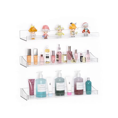 Clear Acrylic Floating Shelves - No Drill Wall Organizer (3 Pack)