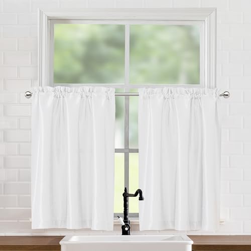 Chyhomenyc Uptown White Kitchen Curtains 30x30 Inch Pack of 2 Faux Silk Light Filtering Short Drapes for Small Windows